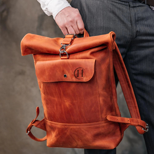 Expandable Volume Leather <b>Roll</b> Top <b>Backpack</b> Flexible Rucksack For Weekend Getaways Large Travel Bag LRTB-0191B - Product Image 1