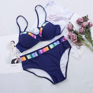 Women's Olive Green Bikini Set With <b>Rainbow</b> Stripe Contrast Binding Underwire Bra And Hipster Bottoms Stretch Spandex Nylon - Product Image 3