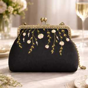 Black Embroidered Clutch Bag With Gold Chainand jewelry bag Closure Envelope Shape <b>Hinged</b> Perfectly Design packaging - Product Image 2