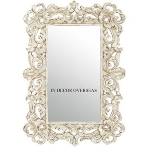 Elegant Look Rectangular Wood Mirror <b>Frame</b> With Ornate Carved Design Antique <b>White</b> Finish Decorative Wall Art For Home Interior - Product Image 1