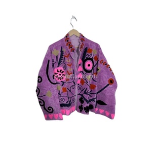 Purple Velvet Embroidery Jacket Uzbek Suzani Unisex Short Jacket <b>Coat</b> Women's Winter Jacket With Two Side Pockets - Product Image 1