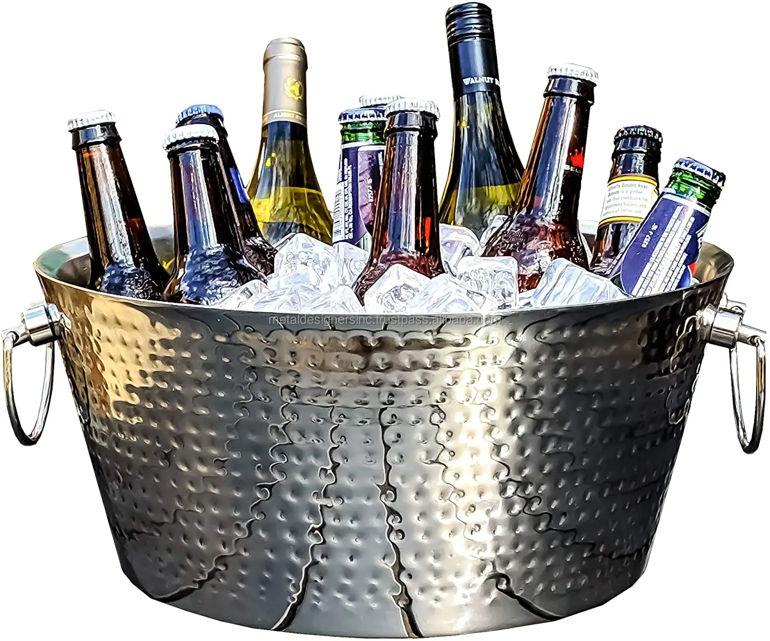 Hammered Double Wall Round Beverage Tub Stainless Steel Ice Bucket Metal Drink Cooler House Partyware w/ Handles Small