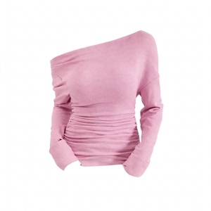<b>Pink</b> One Shoulder <b>Long</b> <b>Sleeve</b> Ruched Asymmetric <b>Top</b> Suede Fabric Women Street wear Fashion Casual Party Club Wear Designer - Product Image 1