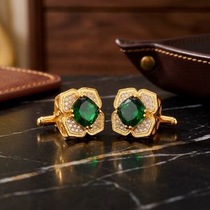 Gemelos de oro para hombre con circonita verde y diseño floral, engaste de garra, accesorios formales para camisa - Product Image 6