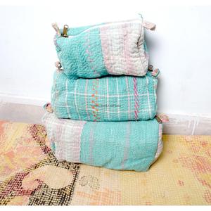 Large Cotton Kantha Handmade Floral Modern Cosmetic 3 Pouch Bag Zipper Closure Lightweight Vintage Design for Women - Product Image 1