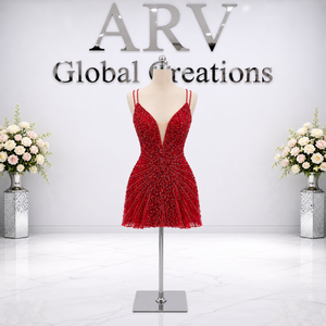 Vestido Mini Rojo de Lujo con Cuentas |   Vestido de Fiesta Ajustado con Escote Profundo en V de Diseñador |   Conjunto de cóctel de noche premium para mujer, estilo de lujo - Product Image 1