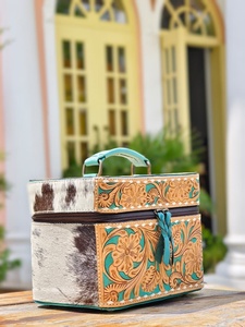 Hot Sale Hand Tooled 100% Genuine Leather Western Stylish <b>Makeup</b> Cosmetic Storage <b>Box</b> Handmade Jewelry <b>Box</b> With Hair On Hide Fur - Product Image 2