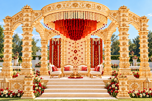 Mandap de mariage indien traditionnel en bois sculpté style temple, avec pilier Diya et motif Lotus Royal - Product Image 3