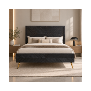 Cadre de lit en bois moderne avec tête et pied de lit à motif chevron, lit plateforme élégant pour mobilier de chambre contemporain - Product Image 1