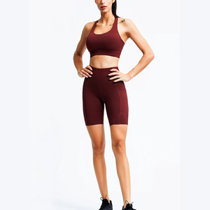 Ensemble de yoga 2 pièces pour femme, haut court sans couture taille haute et short, couleur unie, dos nageur, vêtements de sport compressifs pour le fitness - Product Image 1