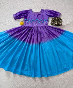 Purple <b>Blue</b> <b>Ombre</b> Cotton Vintage Quick Dry Midi <b>Dress</b> Floral Embroidery Ethnic Style Women Casual Wear India Pakistan Design - Product Image 3