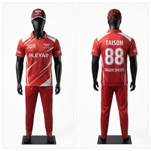 Premium Polyester Interlock 160 GSM Men Cricket Uniform Red <b>White</b> Sublimation Printed Jersey <b>Trousers</b> Cap Custom Teamwear - Product Image 1