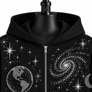 Sudadera con Capucha Negra Unisex con Cierre, Diseño de Galaxia Espacial con Brillantina y Pedrería, Estilo Casual Oversize para Otoño - Product Image 2