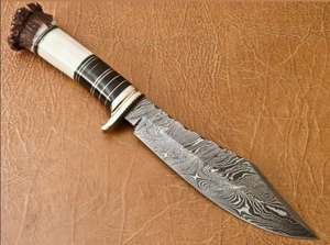 Cuchillo de hoja fija de acero de Damasco, punta de lanza, mango de cuerno de ciervo, guardacuchillo de latón, funda de cuero, para exhibición, personalizado, DIY, OEM - Product Image 2