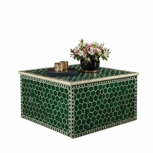 Table basse verte en os incrusté, motif hexagonal artisanal, table centrale, vente en gros, mosaïque géométrique carrée en résine, pour salon - Product Image 1