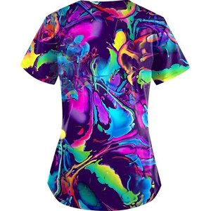Women Teal Scrub Top Short Sleeve V-Neck Heart Print Stethoscope Design Pockets Hospital Uniform Blouse Needle Detection - Product Image 4