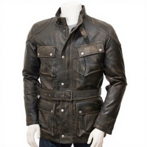 Veste en cuir vintage de haute qualité pour hommes Style motard classique Finition dégradée Doublure en popeline Poches en cuir garnies Hiver - Product Image 3