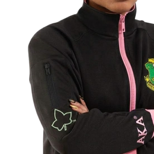 AKA Elite Black Track <b>Jacket</b> with Pink Trim Full Zip Embroidered Crest 1908 Women's Athletic <b>Jacket</b> Black Pink - Product Image 4