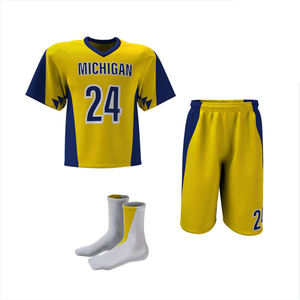 Custom Sublimated Lacrosse Uniform Yellow and Navy Blue Team Jersey with Matching Shorts and Athletic <b>Socks</b> - Product Image 1