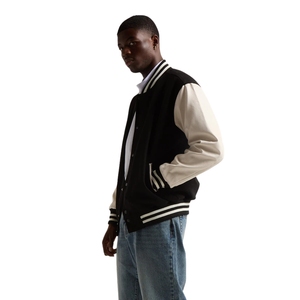 Chaqueta Varsity para Hombre, Negra y Blanca, Estilo Letterman, Chaqueta de Béisbol con Botones a Presión, Ropa Urbana de Lana, Venta al Por Mayor - Product Image 3