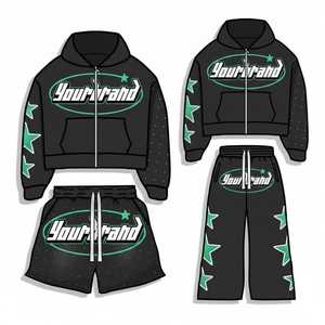Printed Patch Hooded <b>Tracksuit</b> Set Streetwear Unisex <b>Couple</b> Hoodie and Shorts Set - Product Image 1