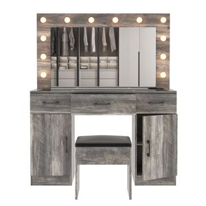 Large Lighted <b>Mirror</b> <b>Makeup</b> Vanity Desk Set with 3 Drawers 2 Cabinets Wood Top Vanity Table for Dressing Power Outlet Included - Product Image 6