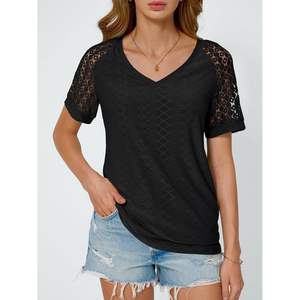 2025 2025 verano moda mujer cuello en V camiseta transpirable manga corta elegante Casual Tops con ojal bordado - Product Image 5