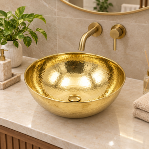 Lavabo de Lujo Hecho a Mano de Latón Martillado Redondo, Lavabo de Sobremesa Dorado para Baño, Hotel, Villa, Decoración de Vanidad - Product Image 3