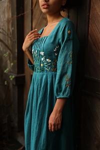 Teal Blue Hand-Embroidered Square Neckline and <b>Three</b>-Quarter Sleeves Cotton Linen Maxi Dress for Women - Product Image 4