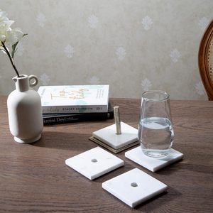Handmade White Marble <b>Coaster</b> Set with Brass Holder Square <b>Drink</b> <b>Coasters</b> Modern Table Decor Coffee Table Accessories Set of 4 - Product Image 5