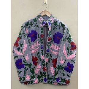 Floral Embroidered Cotton Winter <b>Jacket</b> Women Mandarin Collar Full Sleeve Open Front Handmade Design - Product Image 6