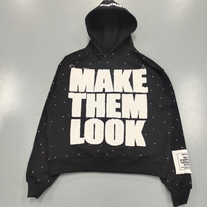 Custom <b>Mens</b> Rhinestone Hoodie Cut and Sew Hoodie Acid Wash Oversize <b>Pullover</b> Applique Patchwork Boxy Fit <b>Men</b> Distressed Hoodie - Product Image 3