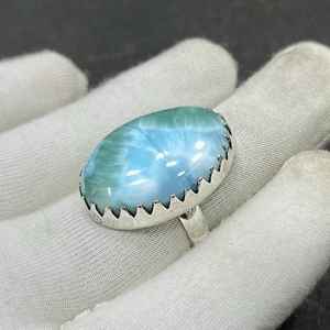 Bague en argent sterling artisanale de style bohème avec pierre précieuse Larimar ovale, 1,40 carat, certifiée IGI, cadeau pour femme M631 - Product Image 2