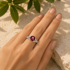 Emrusa Jewellers Women's <b>Garnet</b> 925 Sterling <b>Silver</b> <b>Ring</b>-Cushion-Cut Stone with Pave CZ Split Shank for Wedding - Product Image 5
