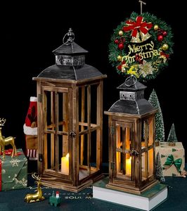 Lanterne en bois vintage, porte-bougie décoratif, lanterne suspendue avec dessus en métal et panneaux en verre - Product Image 4