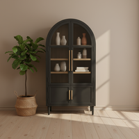Vitrine Moderne Rectangulaire en Bois d'Hévéa et MDF Plaqué Chêne Écologique avec 4 Compartiments et Portes à Battants pour Salon et Maison