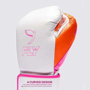 ถุงมือชกมวยรุ่นล่าสุด ดีไซน์ Fly สีขาว ชมพู ส้ม สายรัดแบบปิด คุณภาพพรีเมียม หนังวัวแท้ สำหรับมืออาชีพ - Product Image 5