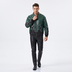 Blouson Bomber Homme Blanc en Cuir Véritable Dumela avec Imprimé Flamme Bleue, Col Rabattu, Fermeture à Bouton Unique, Style Moto Automne, Séchage Rapide - Product Image 4