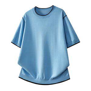 Camiseta de Manga Corta Tejida Extra Grande para Hombre, Cuello Redondo Negro, Ribete en Contraste, Deportiva, Ecológica, de Poliéster/Algodón, Color Sólido Informal - Product Image 5
