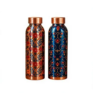 Bouteille d'eau de luxe en cuivre pur avec impression florale japonaise UV |   Bouteille réutilisable anti-fuite |   Vaisselle en cuivre de qualité supérieure à motifs floraux - Product Image 1