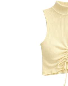 Top Corto Sin Mangas con Cuello Alto Acanalado en Amarillo Mantequilla, con Cordón Ajustable y Fruncido Delantero, Ajuste Ceñido, Estilo Casual para Mujer - Product Image 2