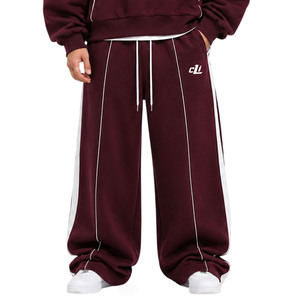 <b>Burgundy</b> Color Block Drop Shoulder <b>Hoodies</b> Sets Contrast Piping Custom Logo Heavyweight Cotton Fleece Wide Leg Baggy Sweatpants - Product Image 4