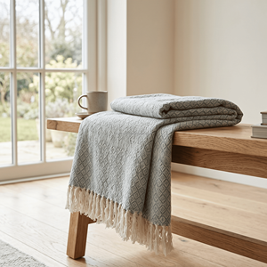 Natural Cotton Throw with Fine Linear Weave and Fringe for Sofa <b>Bench</b> Lounge Chair and Calm Scandinavian Interior Collections - Product Image 6