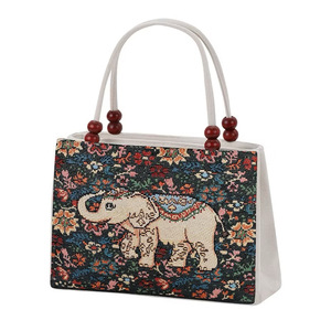 Bolso de Lona Vintage con Estampado de Elefantes, Asas de Correa con Cuentas, 28x21x9cm, Multicolor, Doble Abertura Superior - Product Image 2