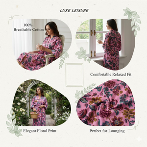 Robe de nuit kimono en coton rose à fleurs, col en V, manches longues, fermeture à cordon, séchage rapide, respirante, ensemble cadeau pour demoiselle d'honneur - Product Image 4