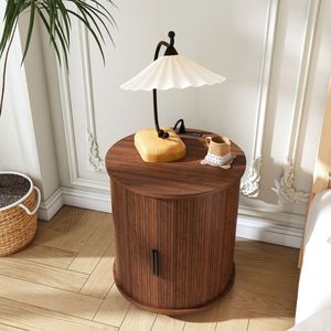 Mid Century Modern 2-Tier Round Nightstand Cylinder End Table with Built-In Charging Station Sliding Door <b>USB</b> <b>Storage</b> Nightstand - Product Image 2