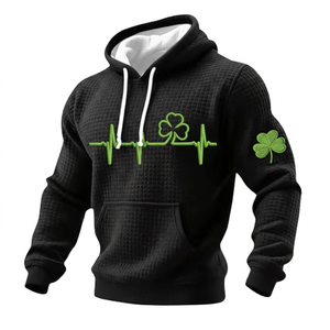 เสื้อฮู้ดดี้สีน้ำตาลลายวาฟเฟิลสำหรับผู้ชาย พิมพ์ลายกรีนโคลเวอร์ ECG ด้านหน้าและแขนเสื้อ สวมใส่สบายๆ ในฤดูใบไม้ผลิ - Product Image 2