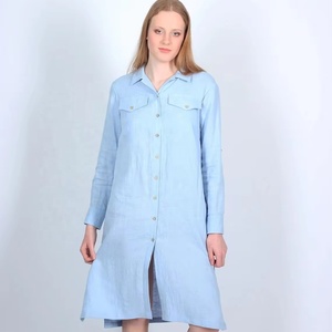 New Arrival Eco-Friendly Light Blue Cotton A-Line Shirt <b>Dress</b> <b>Below</b> <b>the</b> <b>Knee</b> Casual Long Sleeved Midi Summer <b>Dress</b> Women - Product Image 1