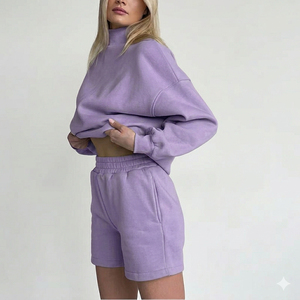 Women's Green Fleece Turtleneck Shorts <b>Set</b> Regular Fit Casual Solid Color Two Piece Sweatshirt Shorts Outfit Winter Eco-Friendly - Product Image 6