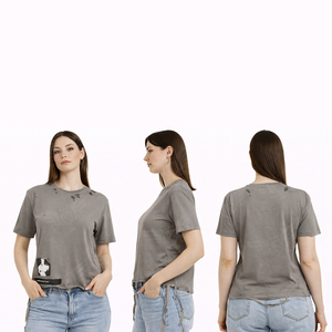T-shirt décontracté pour femme, col rond, manches courtes, patchwork rouge vieilli, style streetwear, vente en gros 2026 - Product Image 4